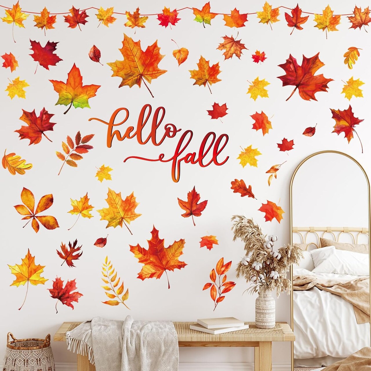 9 Sheets- Fall Wall Decor Stickers Hello Fall Maple Leaves,8.3 x 10.6 Inch